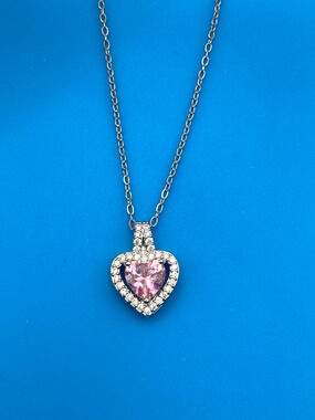 Pink Heart Crystal Silver Overlay 18" Necklace Made with SWAROVSKI Elements